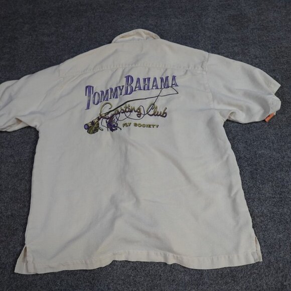 Tommy Bahama Shirt L Beige Embroidered Casting Club Fly Society Fly Fishing - Picture 1 of 7